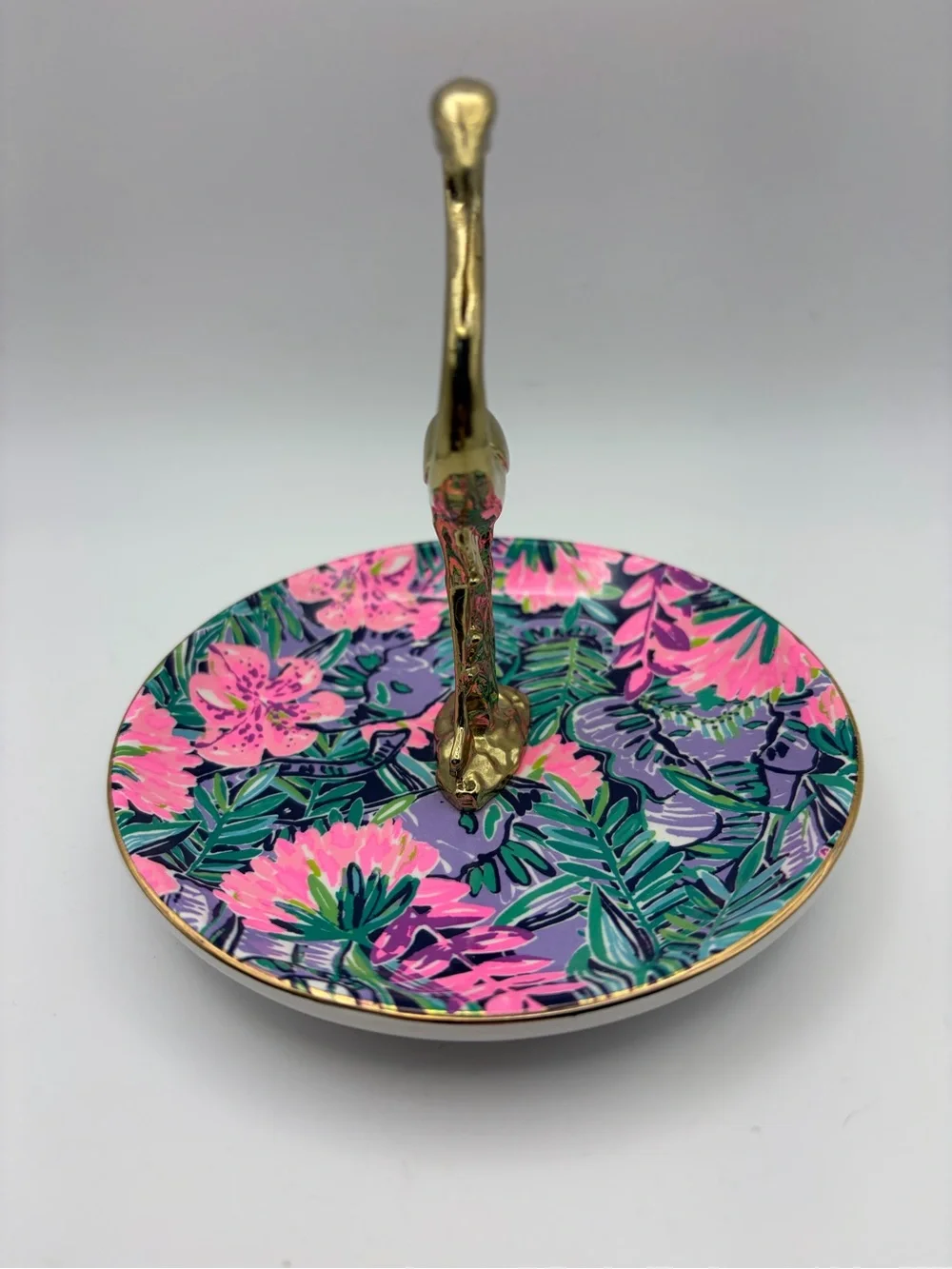 Lilly Pulitzer Flamingo Ring Dish Tropical Floral Trinket Tray Gold Tone